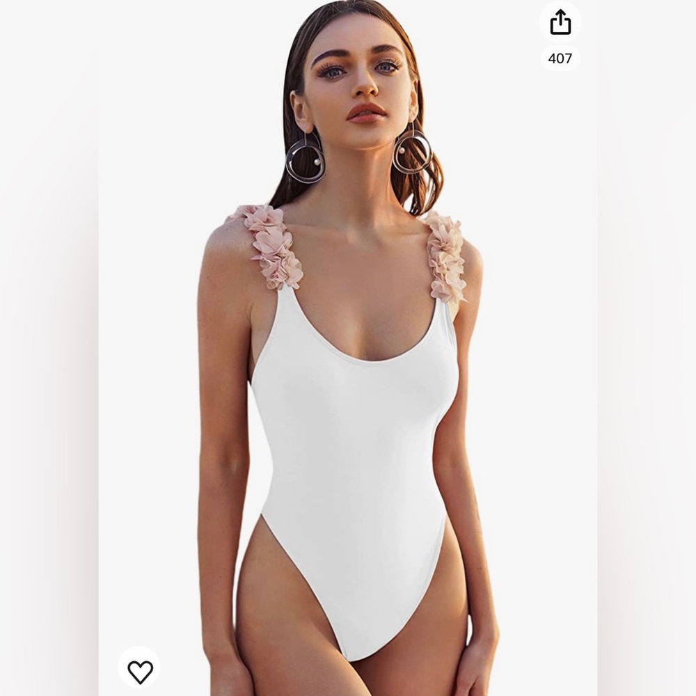 Women's Floral Appliques One Piece white Swimsuit Scoop Neck Monokini